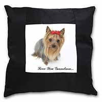 Yorkie with Red Bow Grandma Black Satin Feel Scatter Cushion