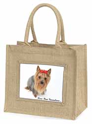 Yorkie with Red Bow Grandma Natural/Beige Jute Large Shopping Bag