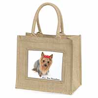 Yorkie with Red Bow Grandma Natural/Beige Jute Large Shopping Bag