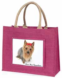Yorkie with Red Bow Grandma Large Pink Jute Shopping Bag
