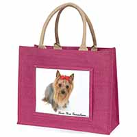 Yorkie with Red Bow Grandma Large Pink Jute Shopping Bag