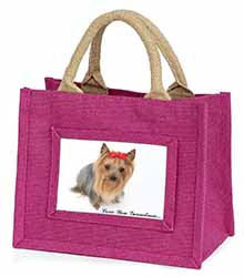 Yorkie with Red Bow Grandma Little Girls Small Pink Jute Shopping Bag