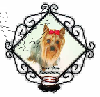 Yorkie with Red Bow Grandma Wrought Iron Wall Art Candle Holder