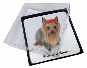 4x Yorkie with Red Bow Grandma Picture Table Coasters Set in Gift Box