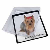 4x Yorkie with Red Bow Grandma Picture Table Coasters Set in Gift Box
