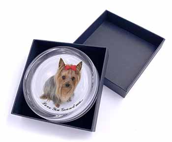 Yorkie with Red Bow Grandma Glass Paperweight in Gift Box