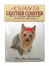 Yorkie with Red Bow Grandma Single Leather Photo Coaster