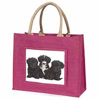 Yorkipoo Puppies Large Pink Jute Shopping Bag