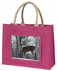 Deer Stag in Snow Large Pink Jute Shopping Bag