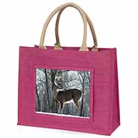 Deer Stag in Snow Large Pink Jute Shopping Bag