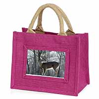 Deer Stag in Snow Little Girls Small Pink Jute Shopping Bag
