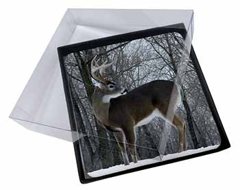 4x Deer Stag in Snow Picture Table Coasters Set in Gift Box