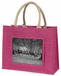Stunning Deer and Stags in Forest Large Pink Jute Shopping Bag