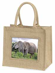 African Elephants Natural/Beige Jute Large Shopping Bag