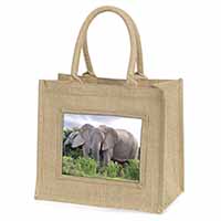 African Elephants Natural/Beige Jute Large Shopping Bag