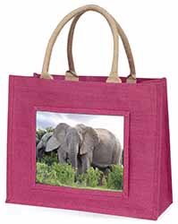 African Elephants Large Pink Jute Shopping Bag