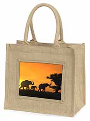 Elephants Silhouette Natural/Beige Jute Large Shopping Bag