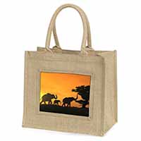 Elephants Silhouette Natural/Beige Jute Large Shopping Bag