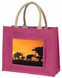 Elephants Silhouette Large Pink Jute Shopping Bag