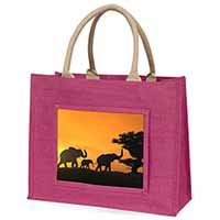 Elephants Silhouette Large Pink Jute Shopping Bag