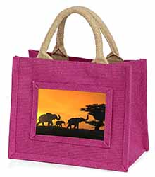 Elephants Silhouette Little Girls Small Pink Jute Shopping Bag