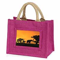 Elephants Silhouette Little Girls Small Pink Jute Shopping Bag