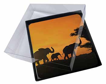 4x Elephants Silhouette Picture Table Coasters Set in Gift Box