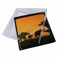 4x Elephants Silhouette Picture Table Coasters Set in Gift Box