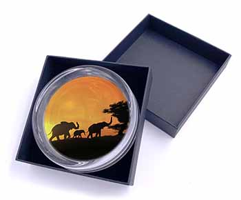 Elephants Silhouette Glass Paperweight in Gift Box