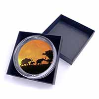 Elephants Silhouette Glass Paperweight in Gift Box