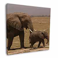 Elephant and Baby Tuskers Square Canvas 12"x12" Wall Art Picture Print