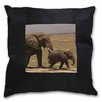 Elephant and Baby Tuskers Black Satin Feel Scatter Cushion