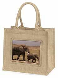 Elephant and Baby Tuskers Natural/Beige Jute Large Shopping Bag