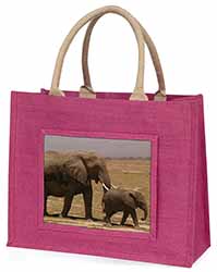 Elephant and Baby Tuskers Large Pink Jute Shopping Bag