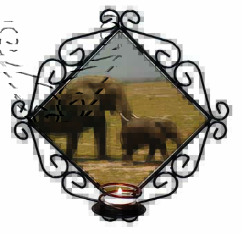 Elephant and Baby Tuskers Wrought Iron Wall Art Candle Holder