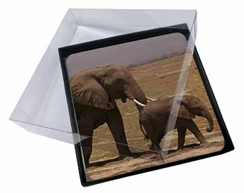 4x Elephant and Baby Tuskers Picture Table Coasters Set in Gift Box