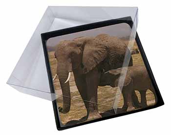 4x Elephant Feeding Baby Picture Table Coasters Set in Gift Box