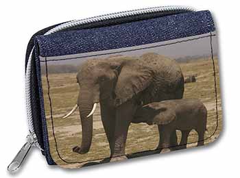 Elephant Feeding Baby Unisex Denim Purse Wallet