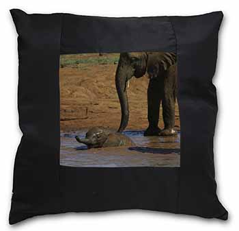 Elephant and Baby Bath Black Satin Feel Scatter Cushion