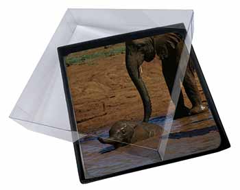 4x Elephant and Baby Bath Picture Table Coasters Set in Gift Box