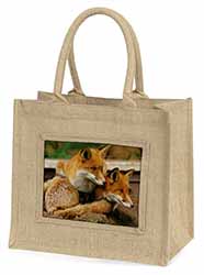 Cute Red Fox Cubs Natural/Beige Jute Large Shopping Bag