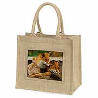 Cute Red Fox Cubs Natural/Beige Jute Large Shopping Bag