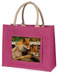 Cute Red Fox Cubs Large Pink Jute Shopping Bag