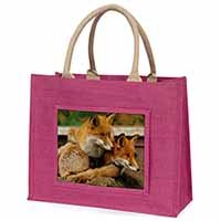 Cute Red Fox Cubs Large Pink Jute Shopping Bag