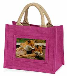 Cute Red Fox Cubs Little Girls Small Pink Jute Shopping Bag