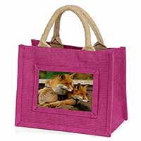 Cute Red Fox Cubs Little Girls Small Pink Jute Shopping Bag