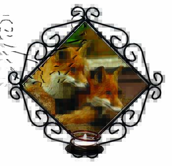 Cute Red Fox Cubs Wrought Iron Wall Art Candle Holder