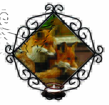 Cute Red Fox Cubs Wrought Iron Wall Art Candle Holder