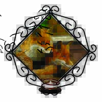 Cute Red Fox Cubs Wrought Iron Wall Art Candle Holder