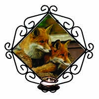 Cute Red Fox Cubs Wrought Iron Wall Art Candle Holder